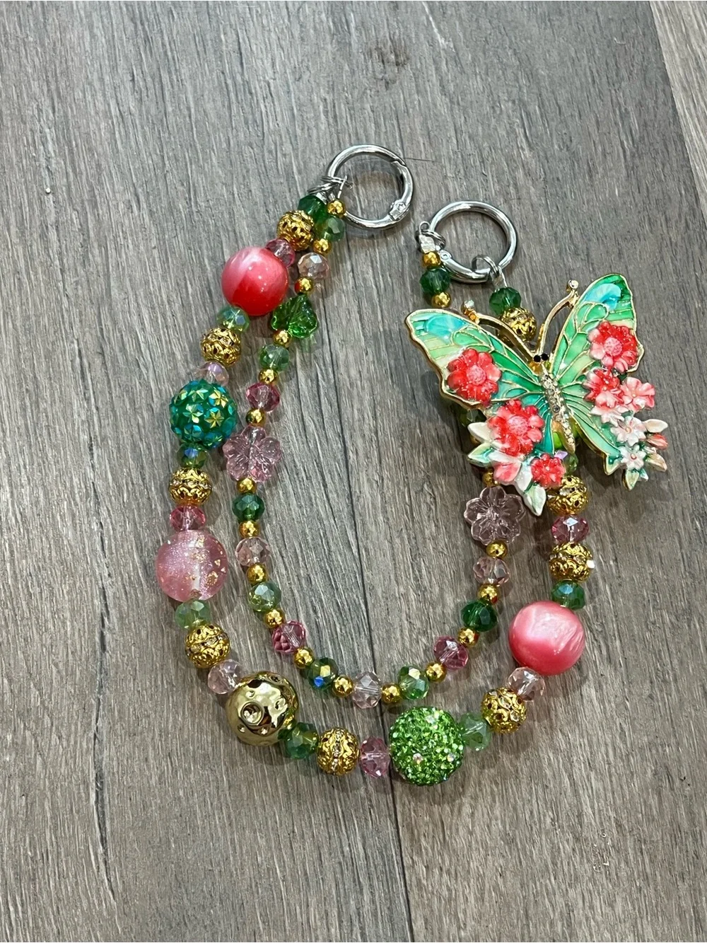 Handcrafted Butterfly Charm Beaded Bracelet - Green & Pink